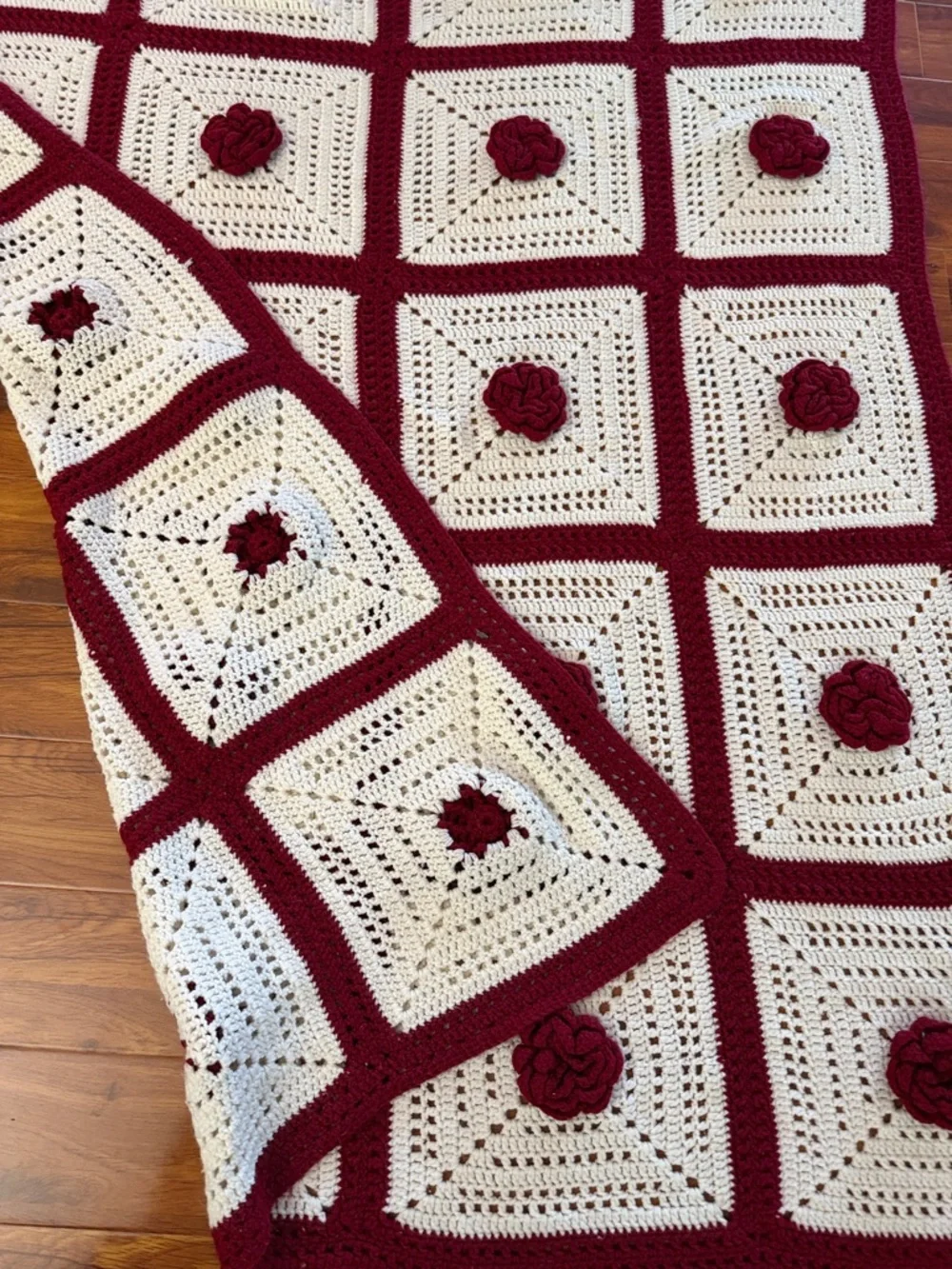 Handmade Crochet Floral Square Throw - Cream & Burgundy